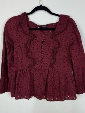 Madewell Red Burgundy Laser Cut Eyelet Peplum Button Down top Blouse Boho Office